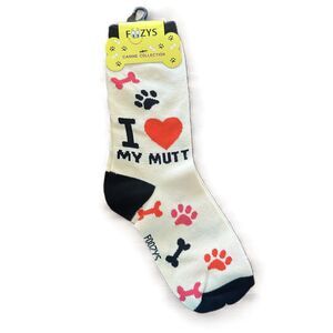 NWT Foozys Cream Dog Pattern Text I Love My Mutt Socks Women One Size